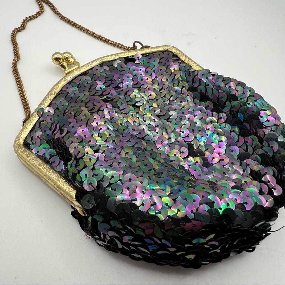 Vtg Victorian Style Sequin Mini Purse Kiss Clasp Peacock Green Black Flapper